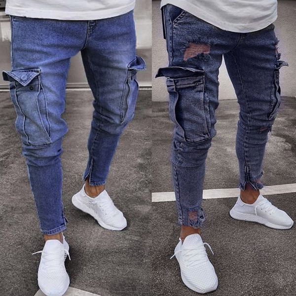

2018 new plus size s-5xl black grey stretch slim fit jeans men hi-street mens distressed denim knee hole zipper jeans, Blue