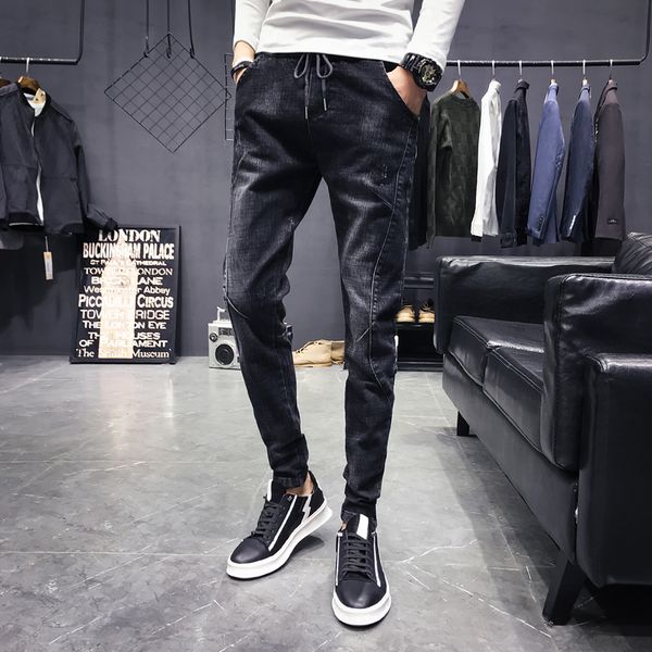 

2019 new men's trend spring and summer stretch cotton black gray slim jeans suitable for men's trousers 28-36 yards, Blue