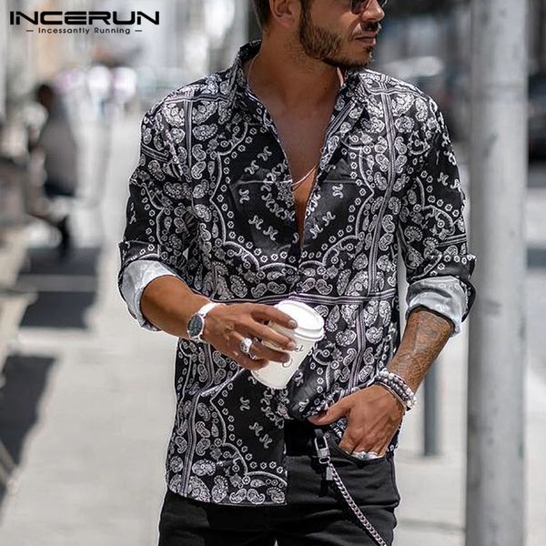 

incerun 2019 men shirt ethnic printed long sleeve lapel vintage loose fit streetwear hawaiian camisa masculina casual shirts men, White;black