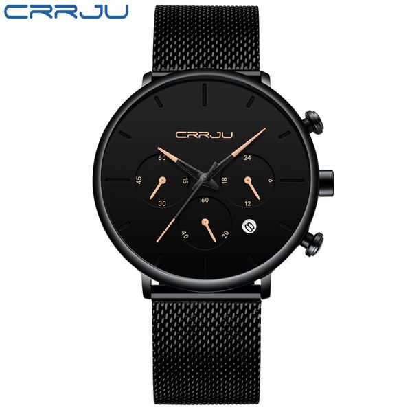 CRRJU Mens Simple Watches Top Brand Luxury Casual Sport Watch Men Black Face Dial Quartz Steel Belt Watches 210517