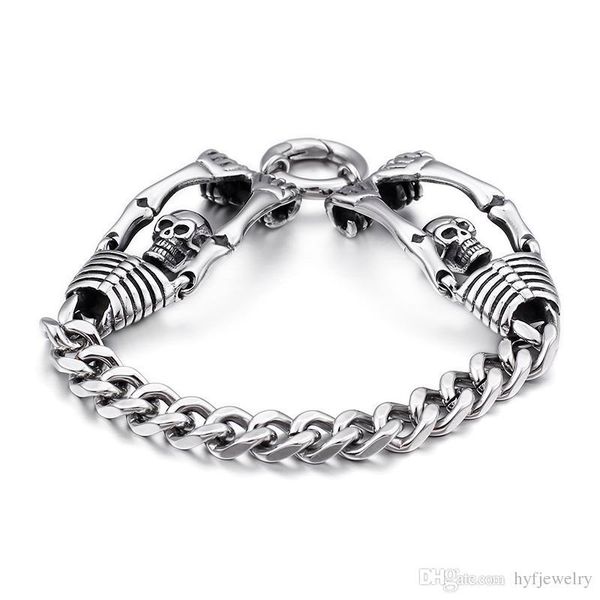 

punk men's ancient silver double skeleton stainless steel bracelet thick heavy hip hop rock bangle jewelry, Black