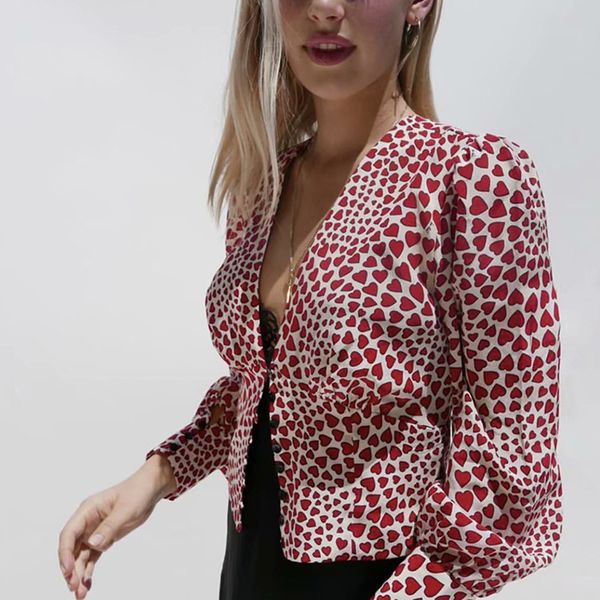 

100% silk women kala young love heart print short blouse long sleeve v neck shirt top, White;black