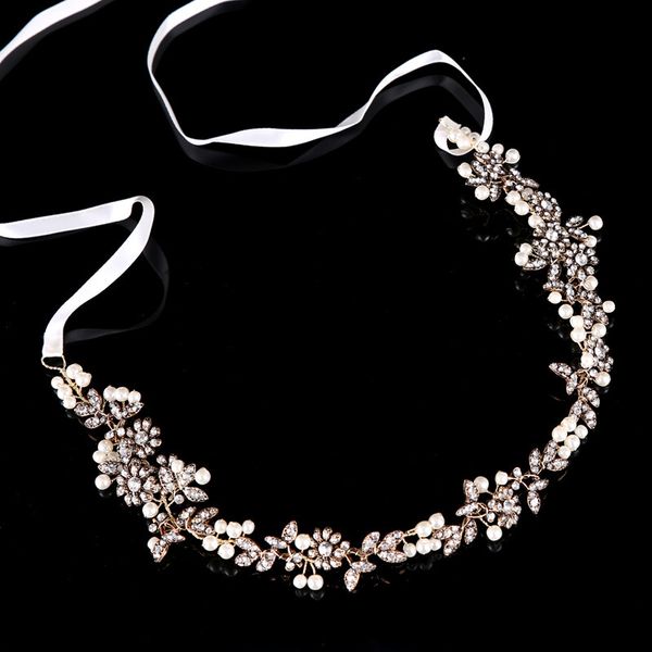 

slbridal antique gold handmade ribbon rhinestone crystal pearls floral bridal wedding tiara headband headpiece hair accessories, Golden;white