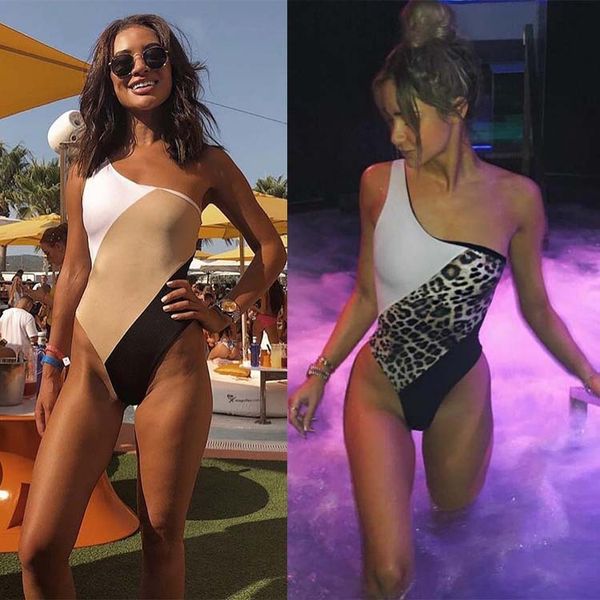 

2019 new fashion one-piece women's swimsuit spliced one-shoulder one-piece bikini bathing suit swimwear ing