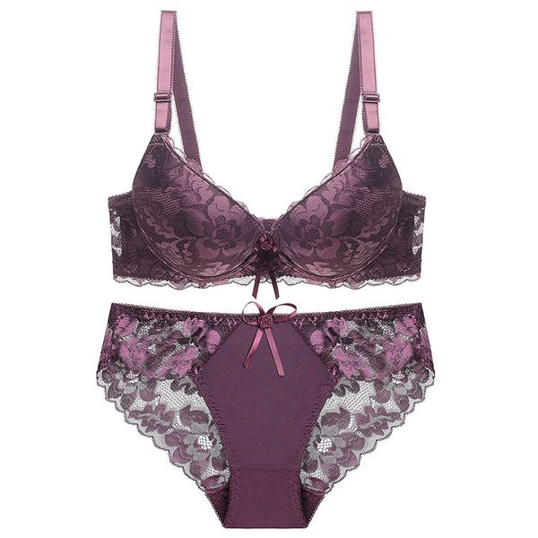

sanderala women lace hollow bow print underwear panty solid push up plunge bra brief set big size c d cup, Red;black