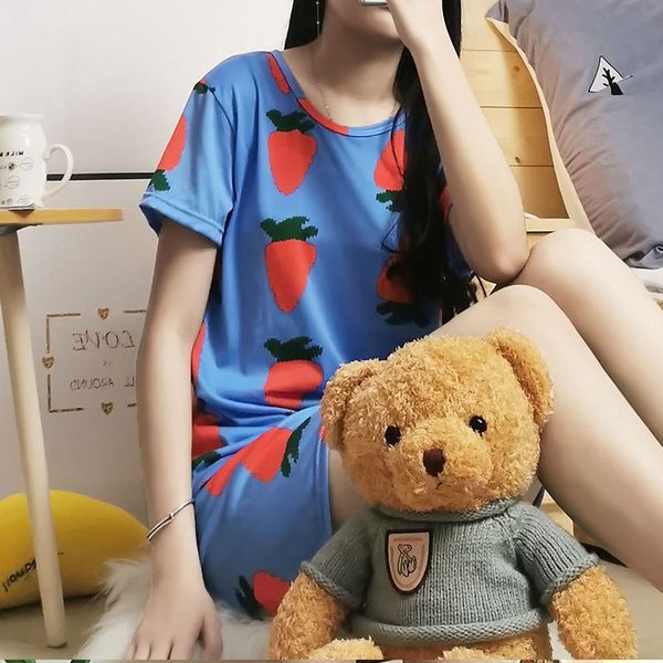 

women's sleepwear pajimas women print short sleeves pajama set summer female nightgown ladies plus size nightwear homewear strawberry, Black;red
