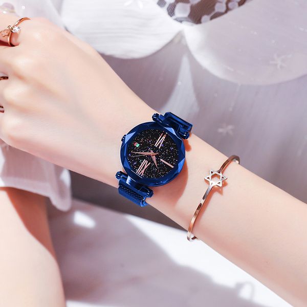 

sunkta watches for women rose gold mesh magnet buckle starry quartz watch geometric surface casual women quartz wrist watches, Slivery;brown