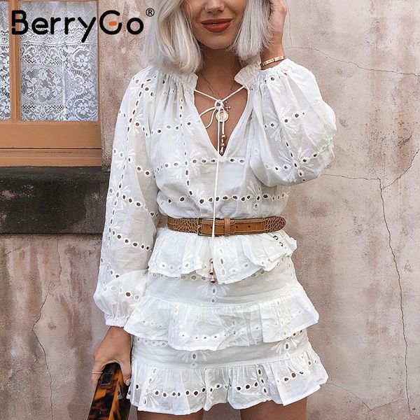 

berrygo elegant ruffle v neck cotton white summer dress women embroidery high waist dress casual lace up short dresses vestidos, Black;gray