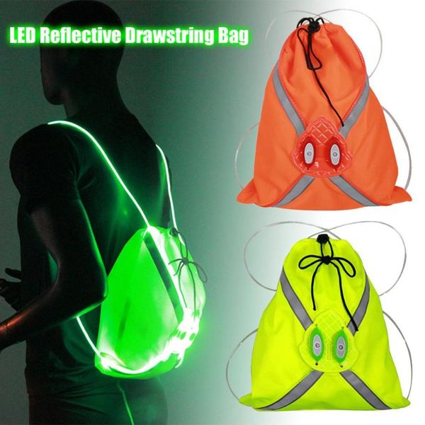 

outdoor bags 2021 fashion led fiber optic beam pocket sports riding night running luminous reflective drawstring backpack csv