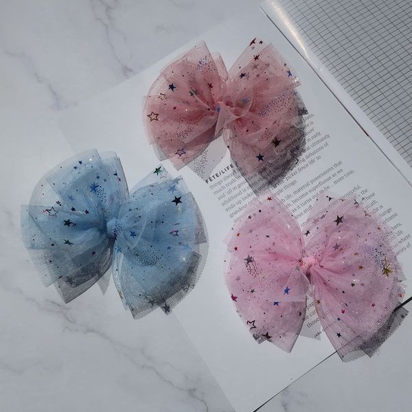 

hair accessories boutique 15pcs fashion cute mesh bow clips glitter star gauze bowknot hairpins princess headwear for girls, Slivery;white
