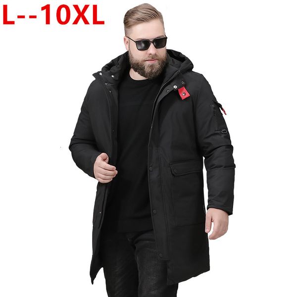 

8xl 10xl 6xl winter men's long coat fashion thick warm slim casual hooded jackets long sleeve printed cotton jacket, Black