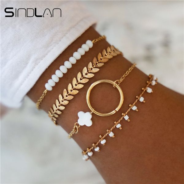 

sindlan 4pcs old fashion white rhinestone beads bracelets for women vintage gold geometric charm boho bracelet bangles jewelry, Golden;silver