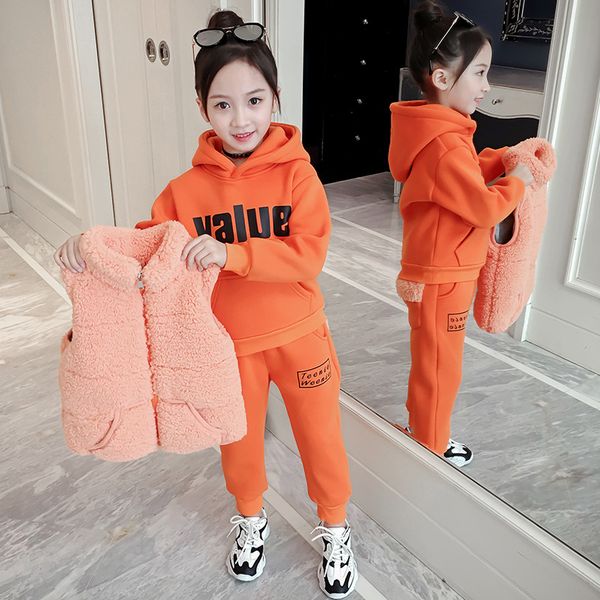 

10 12 years girls winter suits thicken fleece 3 pieces clothes set vest sweater children outerwear, White