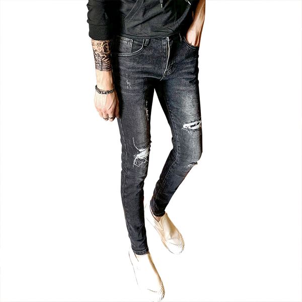 

2019 autumn men's new denim trousers trend stretch feet male korean version of the slim hole jeans male, Blue