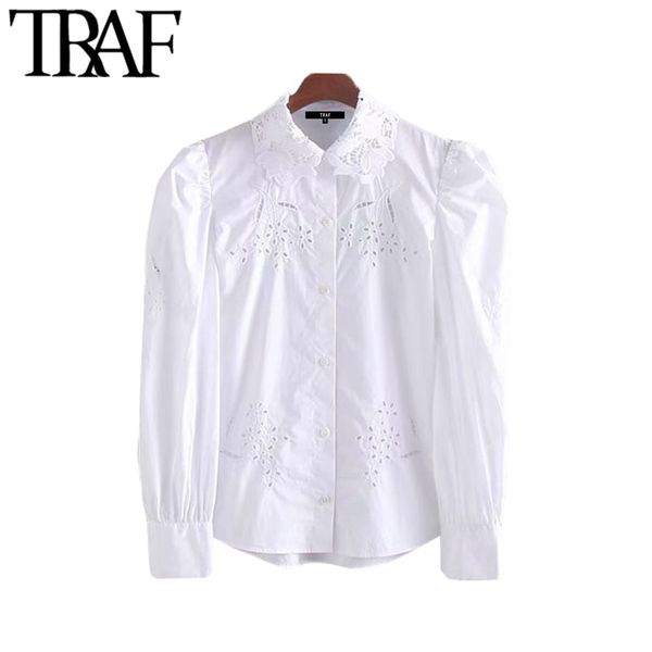 

traf women vintage stylish hollow out embroidery blouses fashion lapel collar long puff sleeve shirts blusas mujer chic, White
