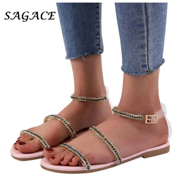 

sagace shoes women leather rhinestones sandals pvc open toe buckle shoes summer woman rubber beach sandals ladies flat, Black