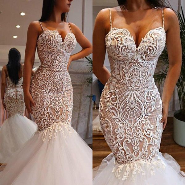 

abiti da sposa mermaid wedding dresses 2020 spaghetti strap sweetheart neckline lace bridal gowns trumpet beads vestido de novia, White