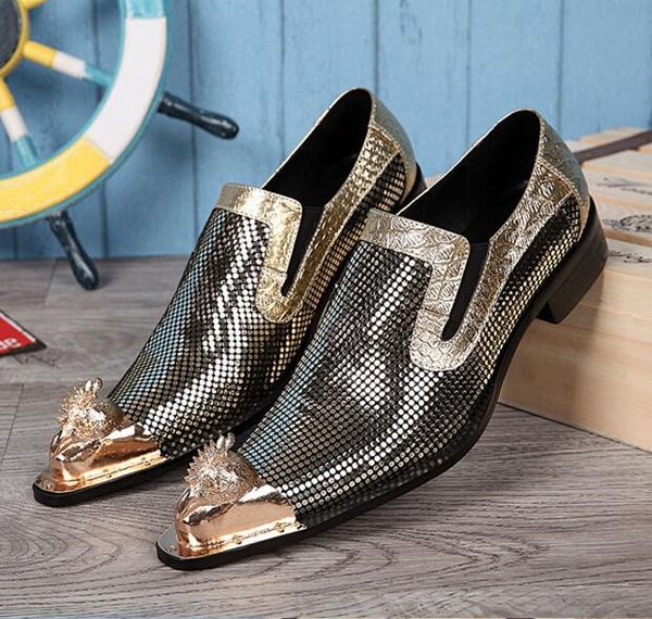 

2019 european luxury pointed metal toe men dress shoes shinny slip-on runway massage party/wedding shoes men, Black