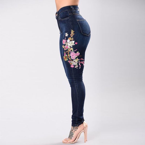 

fashion jeans women embroidered button pocket high waist denim pants skinny slim jeans wholesale jeans de mujer, Blue