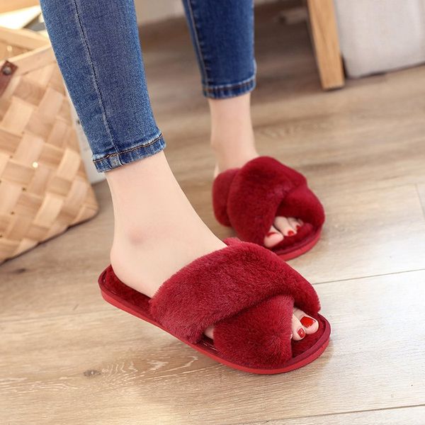 

winter women home slippers winter warm shoes woman slip on flats slides female faux fur slippers women shoes 36-41 wholesale, Black