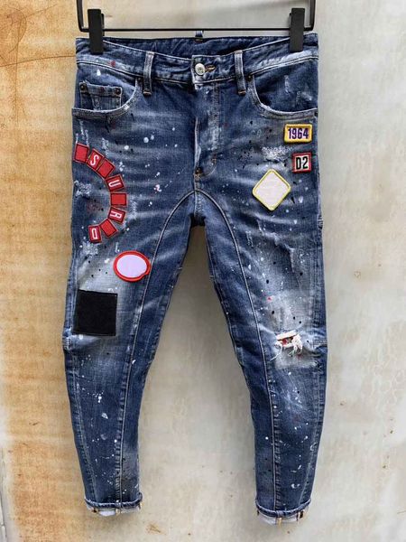 

high end new d2 designer brand mens jeans mens european american luxury jeans letter stickers broken straight pants selling, Blue