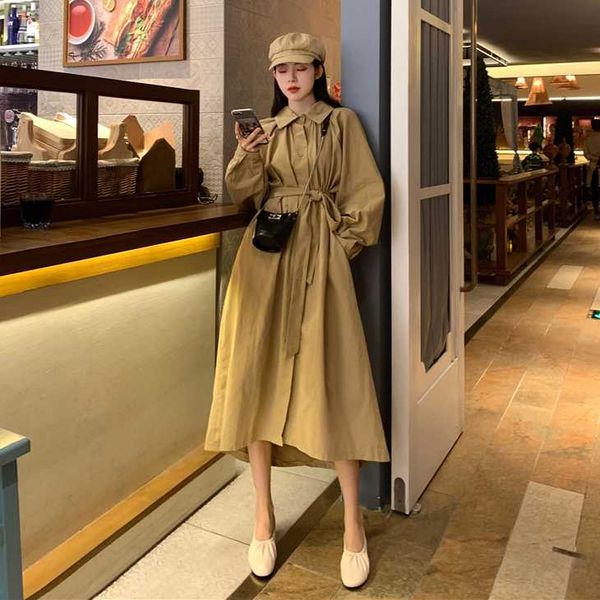 

promotion lapel collar thin long knee length oversize women trench coat turndown loose solid color outdoor personality coat, Tan;black