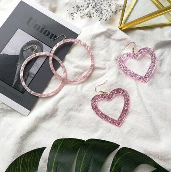 

pink large geometry round acetate acrylic drop earrings for women japan korea heart dangle earrings wholesale, Silver