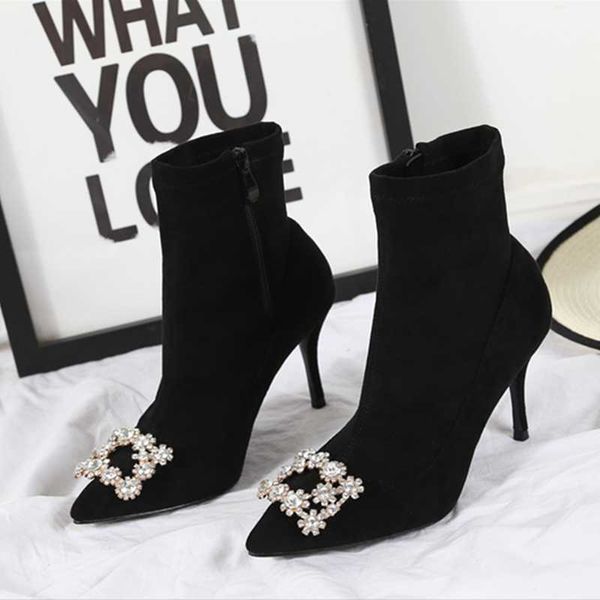

women's boots skappedonna metal decorative boots women's flower socks shoes zipper pointed crystal, Black