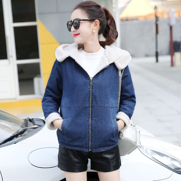 

2019 winter new style women's dress korean-style lambs wool cowboy brushed and thick cotton coat cotton overcoat women's, Blue;black