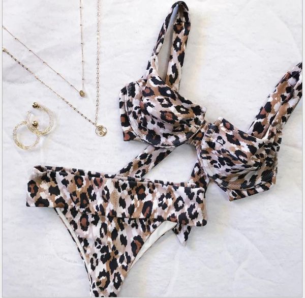 

european and american women's swimsuits leopard pattern steel holds together swimsuit bikini