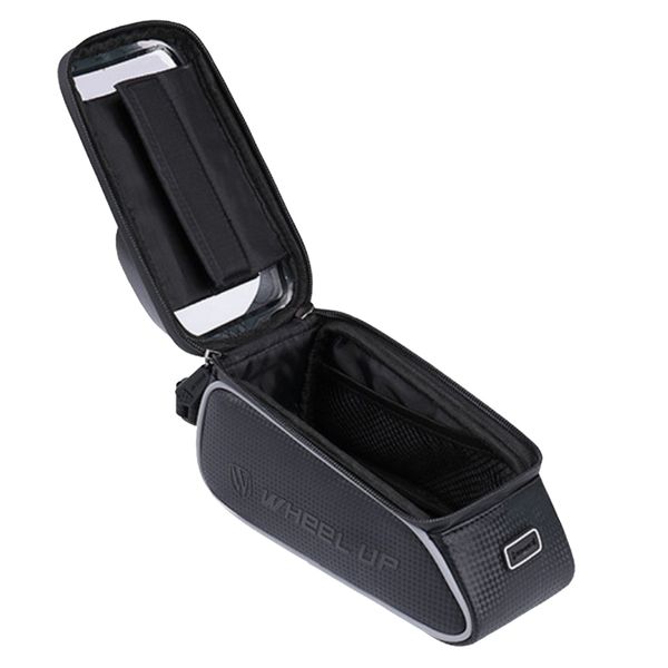 

bike phone bag front tube frame bag with tup touchscreen, reflective strips, earphone holes