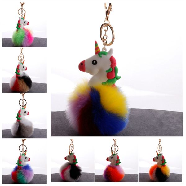 

2 шт. / лот 2020 новый пвх единорог брелок мяч брелок помпон искусственный мех брелок девушки автомобиль сумка кулон брелок, Silver