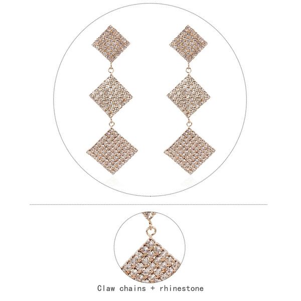Оптовы квадратные алмазы болтаться серьгами для женщин золотого серебра Rhinestone люстры серьги западных модной роскошь ювелирных изделий