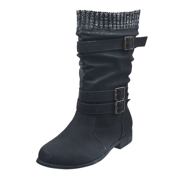 

women knee high boots fashion buckle strap winter snow boots leather casual flat heels lace warm brown long boots ladies d#, Black