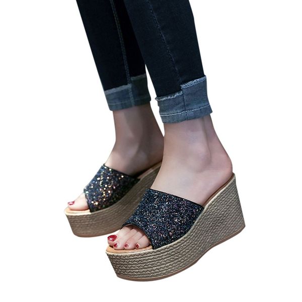 

slippers woman shoes wedge sandalias casual platform slides peep toe soft comfortable flip flops fluffy slippers zapatos mujer, Black