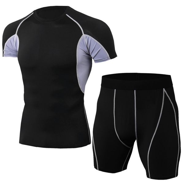 

gym clothing men's compression men jogging suits sports sets fitness clothes black tights running t shirt shorts, White;black