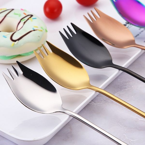 

7pcs ложок вилок длинной ручки salad spoon многоразовая из нержавеющей стали spork золотого десерт ложки открытого пикника посуда другой кух