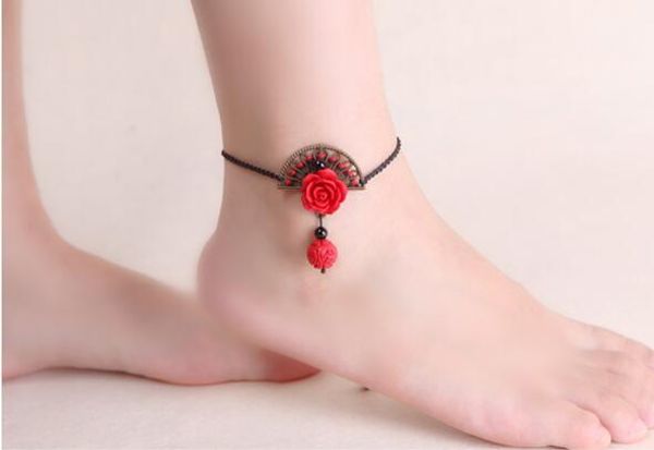 

hand-woven national wind anklet lengthened simple retro pendant jewelry foot chain foot ornament women, Red;blue