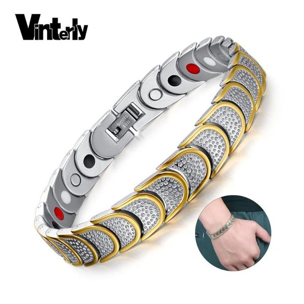 

link, chain vinterly health energy bracelet men stainless steel gold-color charm bracelets germanium magnetic healing jewelry, Black
