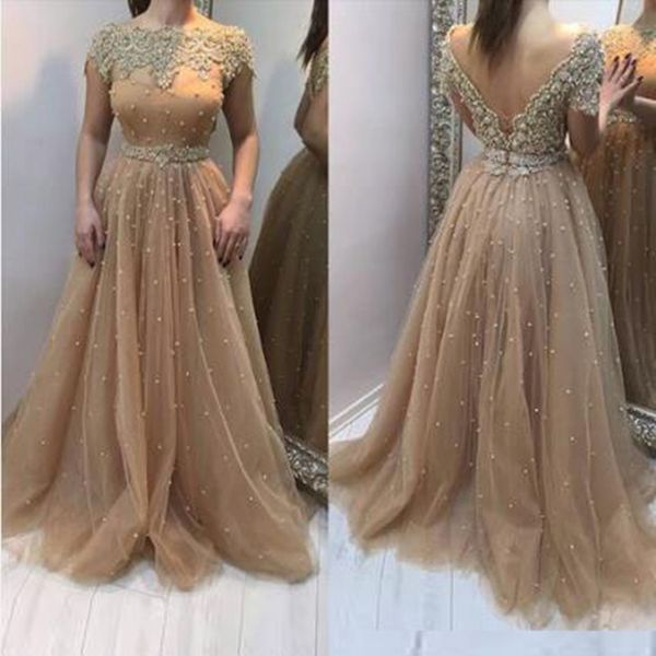 

champange 2020 evening dresses formal a line appliqued bateau neckline backless beaded pearls long prom gowns mother dress, Black;red