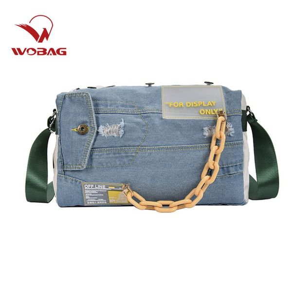 

new personality creative denim stitching contrast color short-distance travel bag hand bag shoulder sports fitness female