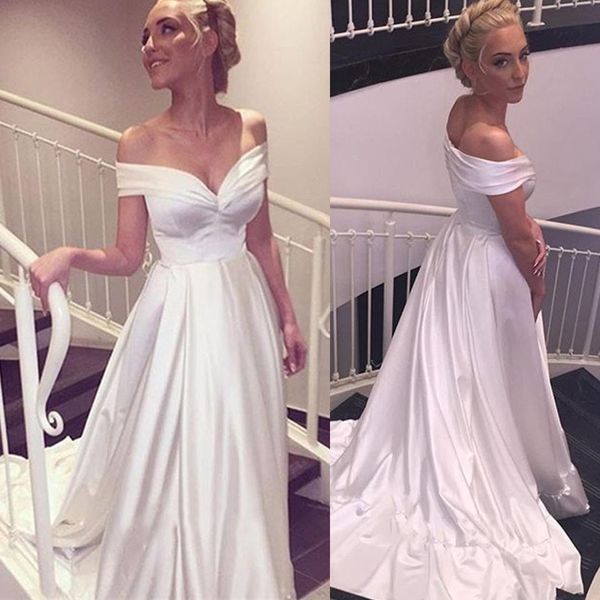 White Off The Shoulder Prom Dresses 2019 A Line Satin Floor Length