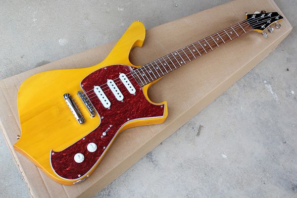Fabrik Benutzerdefinierte Gelb Unuaual E-Gitarre mit Palisander Griffbrett, Chrome Hardwares, Red Tortoise Schlagbrett, kann angepasst werden
