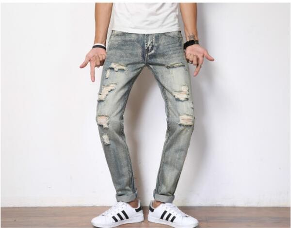 

2019 skinny jeans for men ripped holes jeans motorcycle biker denim pants men brand fashion designer hip hop mens jeans, Blue