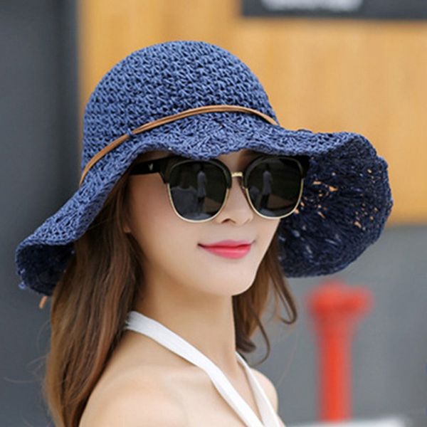 

hat summer women's foldable large brim beach sun hat straw beach cap for ladies elegant vacation travel hats, Blue;gray