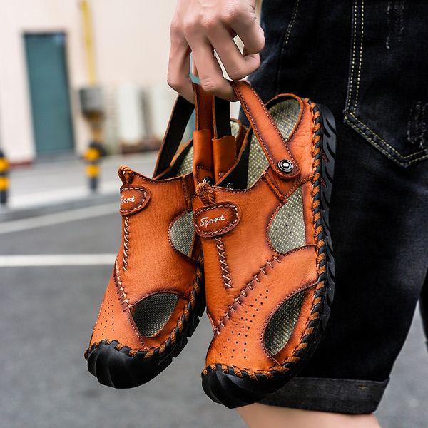 

2019 new casual shoes genuine leather men sandals summer men shoes beach sandals man fashion outdoor men's sandals big size 46 mx200617, Black