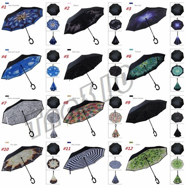 

Windproof rever e umbrella folding double layer inverted rain umbrella elf tand in ide out rain protection c hook hand i478
