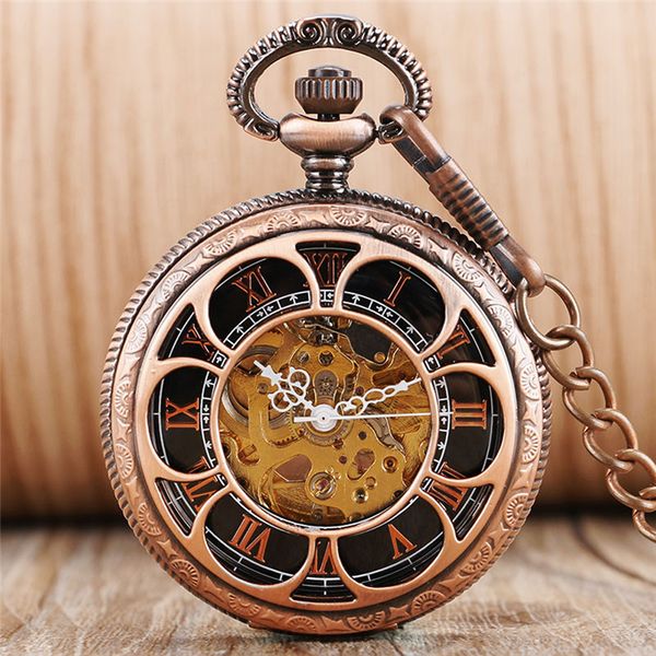 

steampunk red copper pocket watch hollow sunflower case timepiece rome numerals dial automatic mechanical watches fob pendant chain, Slivery;golden