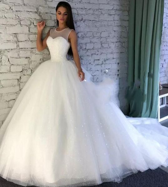 

Sparkling Wedding Dresses With Sheer Jewel Neckline Sequins Ball Gown Wedding Dress Plus Size Wedding Dresses Bridal Gowns robe de mariée ve