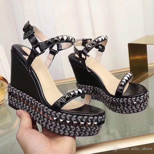 

women designer red bottom wedge cataclou sandals gold patent leather studded ladies ankle strap women's pumps party dress shoes with bo, Black